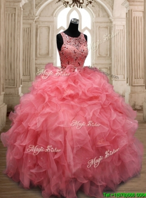 Perfect Scoop Beaded and Ruffled Quinceanera Dress in Watermelon Red