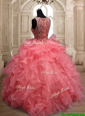 Perfect Scoop Beaded and Ruffled Quinceanera Dress in Watermelon Red