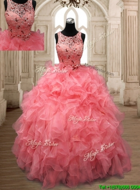 Perfect Scoop Beaded and Ruffled Quinceanera Dress in Watermelon Red