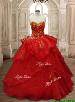 Classical Applique and Ruffled Layers Organza Quinceanera Dress in Red