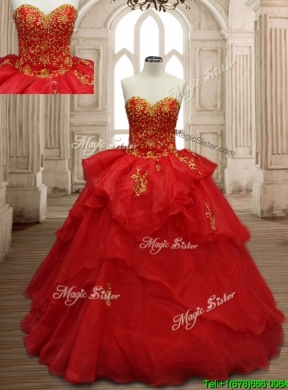 Classical Applique and Ruffled Layers Organza Quinceanera Dress in Red