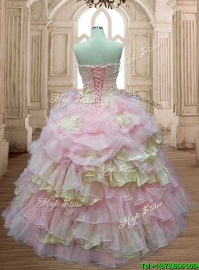 Discount Applique and Ruffled Layers Quinceanera Dress in Baby Pink and Yellow