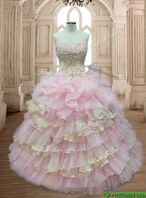 Discount Applique and Ruffled Layers Quinceanera Dress in Baby Pink and Yellow