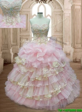 Discount Applique and Ruffled Layers Quinceanera Dress in Baby Pink and Yellow