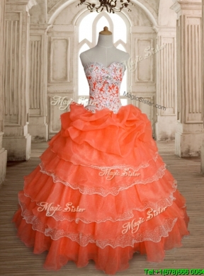 Exquisite Orange Red Big Puffy Quinceanera Dress with Ruffled Layers and Beading