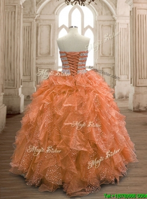 Exquisite Rust Red Organza Quinceanera Dress with Beading and Ruffles