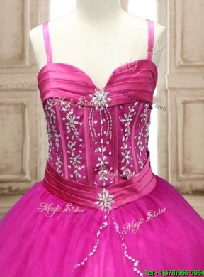 Exquisite Spaghetti Straps Beaded and Applique Quinceanera Dress in Hot Pink