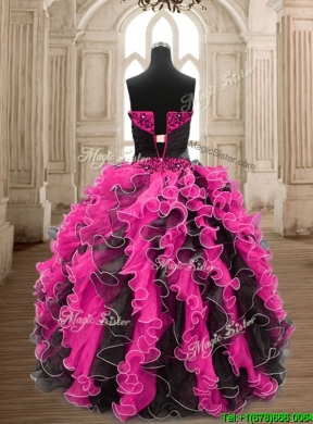 Modest Hot Pink and Black Quinceanera Dress with Beading and Ruffles