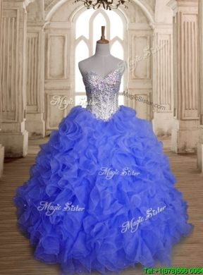 Perfect Blue Organza Quinceanera Dress with Beading and Ruffles