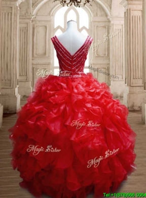 Sexy Deep V Neckline Red Quinceanera Dress with Beading and Ruffles