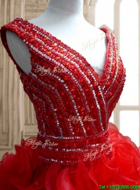 Sexy Deep V Neckline Red Quinceanera Dress with Beading and Ruffles