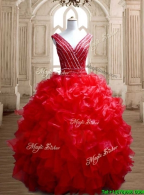 Sexy Deep V Neckline Red Quinceanera Dress with Beading and Ruffles