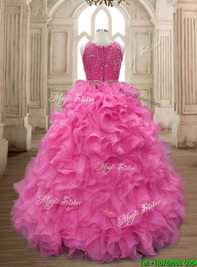 Two Piece Scoop Beaded and Ruffles Quinceanera Dress in Organza