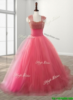 Cheap Straps Beading Brush Train Quinceanera Dress in Watermelon Red