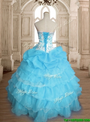 Classical Really Puffy Baby Blue Quinceanera Dress with Ruffled Layers and Beading