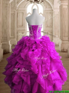 Elegant Fuchsia Organza Quinceanera Gown with Beading and Ruffles