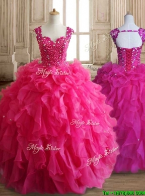 Exclusive Straps Hot Pink Quinceanera Dress with Beading and Ruffles