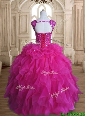 Exclusive Straps Hot Pink Quinceanera Dress with Beading and Ruffles