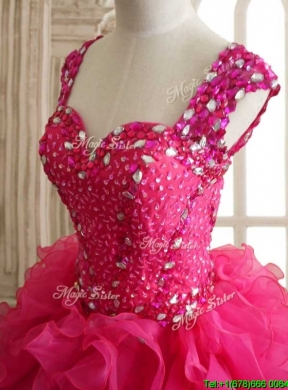 Exclusive Straps Hot Pink Quinceanera Dress with Beading and Ruffles