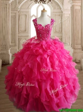 Exclusive Straps Hot Pink Quinceanera Dress with Beading and Ruffles