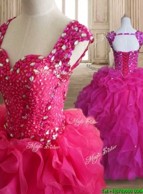 Exclusive Straps Hot Pink Quinceanera Dress with Beading and Ruffles