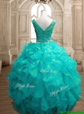 Fashionable Deep V Neckline Sweet 16 Dress with Beading and Ruffles