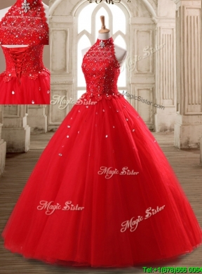 Fashionable Halter Top Beaded Tulle Quinceanera Dress in Red