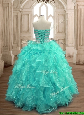 Gorgeous Beaded and Ruffled Big Puffy Sweet 16 Dress in Turquoise