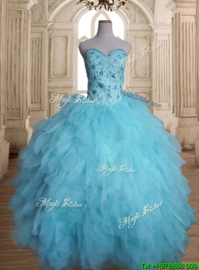 Latest Beaded and Ruffled Tulle Quinceanera Dress in Baby Blue