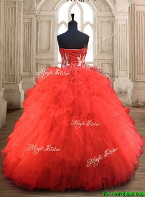 Popular Red Really Puffy Quinceanera Gown with Appliques and Ruffles