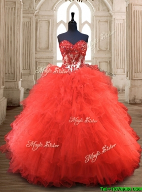 Popular Red Really Puffy Quinceanera Gown with Appliques and Ruffles