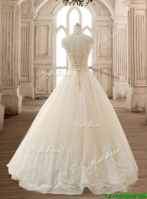 See Through High Neck Champagne Quinceanera Dress with Beading and Appliques