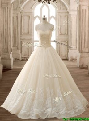 See Through High Neck Champagne Quinceanera Dress with Beading and Appliques