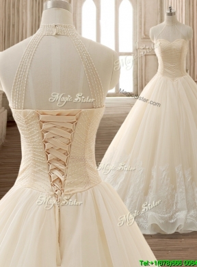 See Through High Neck Champagne Quinceanera Dress with Beading and Appliques