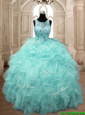 See Through Scoop Beading and Ruffles Quinceanera Dress in Aqua Blue