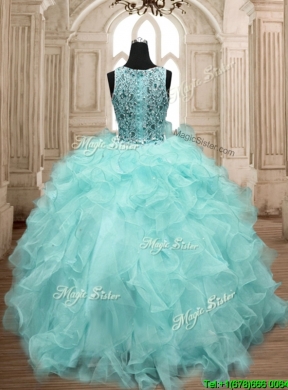 See Through Scoop Beading and Ruffles Quinceanera Dress in Aqua Blue