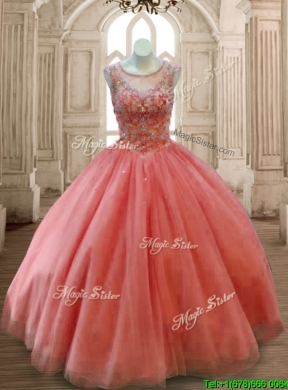 See Through Scoop Beading Quinceanera Dress in Rust Red