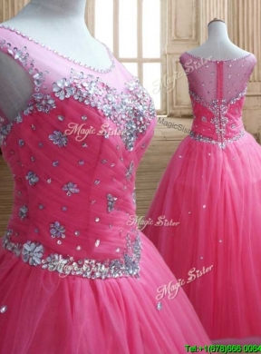 See Through Scoop Rose Pink Quinceanera Dress with Beading