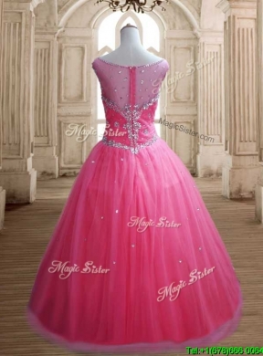 See Through Scoop Rose Pink Quinceanera Dress with Beading