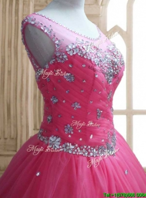 See Through Scoop Rose Pink Quinceanera Dress with Beading