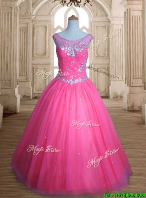 See Through Scoop Rose Pink Quinceanera Dress with Beading