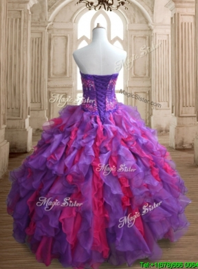 Cheap Applique and Ruffled Quinceanera Dress in Purple and Hot Pink