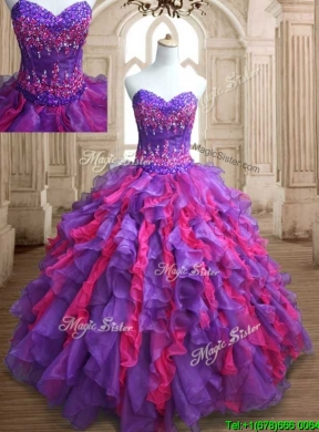 Cheap Applique and Ruffled Quinceanera Dress in Purple and Hot Pink