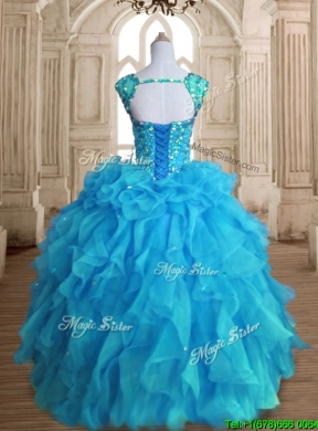 Cheap Straps Beading and Ruffles Quinceanera Dress in Aqua Blue