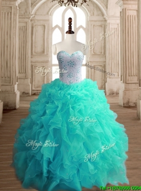 Classical Turquoise Organza Sweet 16 Dress with Beading and Ruffles