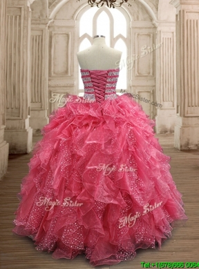 Fashionable Beaded and Ruffled Coral Red Quinceanera Dress in Organza