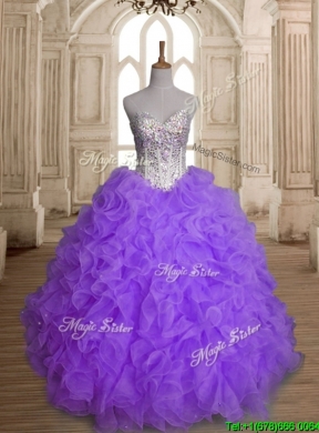 Fashionable Big Puffy Beading and Ruffles Quinceanera Dress in Purple