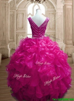 Gorgeous Deep V Neckline Beading and Ruffles Quinceanera Dress in Fuchsia