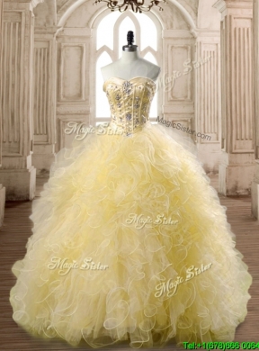 Perfect Beaded and Ruffled Tulle Quinceanera Dress in Yellow