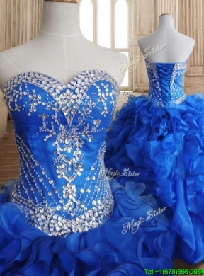 Romantic Beaded and Ruffled Royal Blue Sweet 16 Dress in Organza